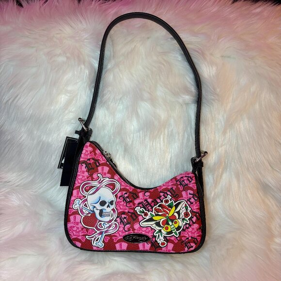 NEW Ed Hardy Hobo Shoulder Bag Skull Butterfly Print Pink Black - Picture 1 of 7
